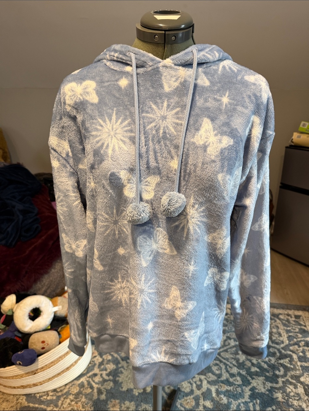 Cold Crush Light Blue Plush Hoodie with Butterfly Print and Pom Drawstrings